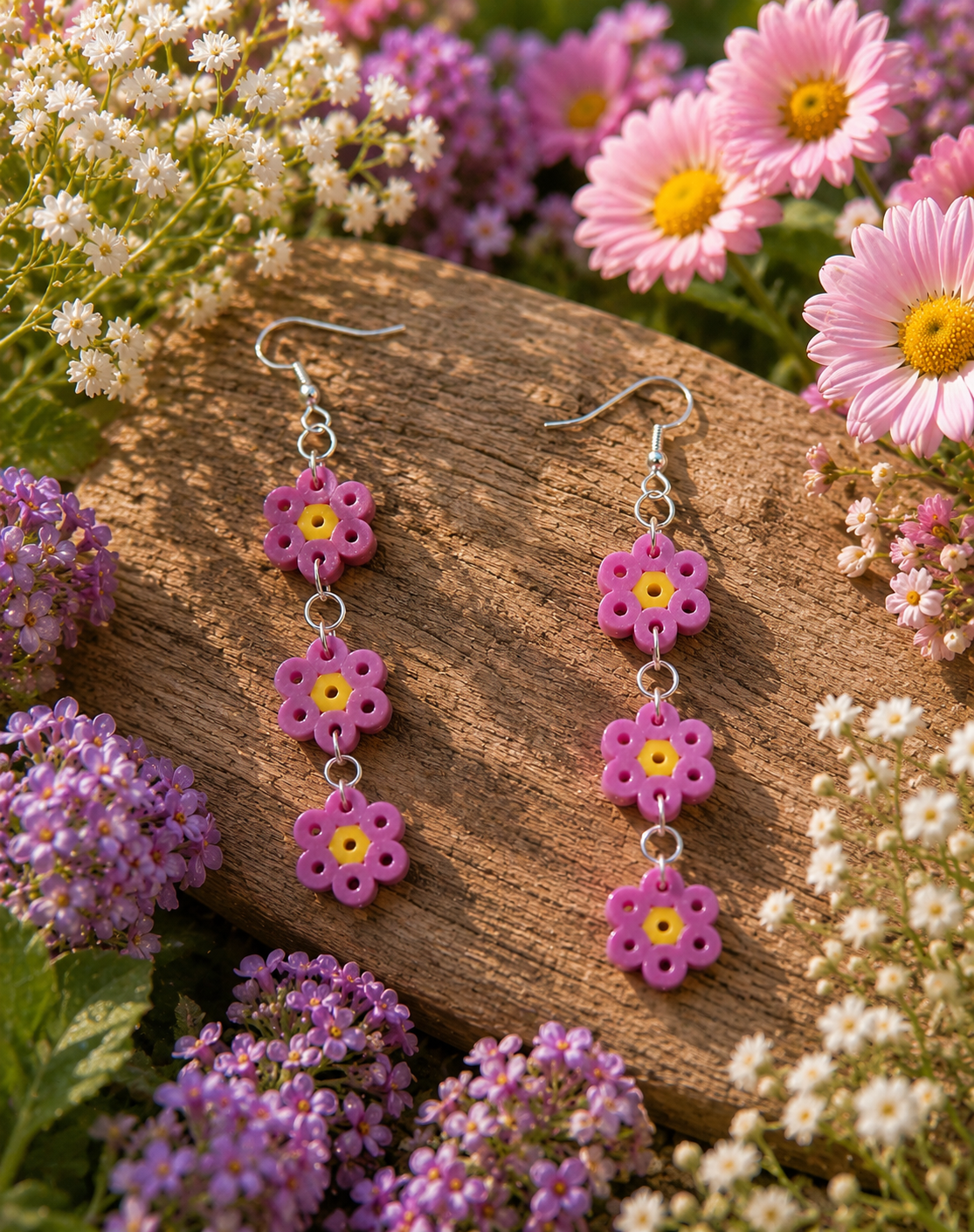 Handmade Purple Dangling Flower Trio Perler Earrings