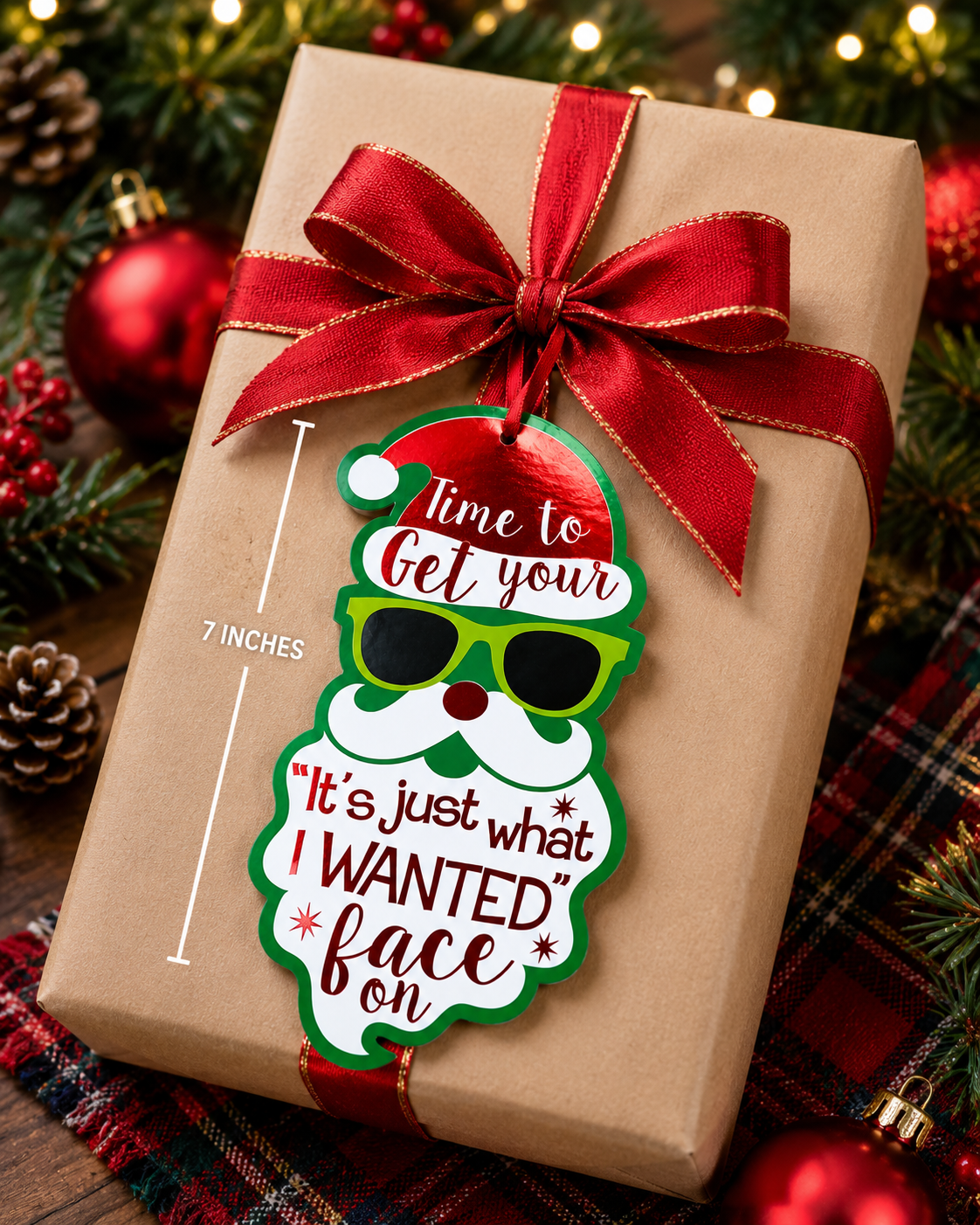 10 ct 7" Christmas Gift Tags Funny Metallic Santa "It's Just What I Wanted" Face