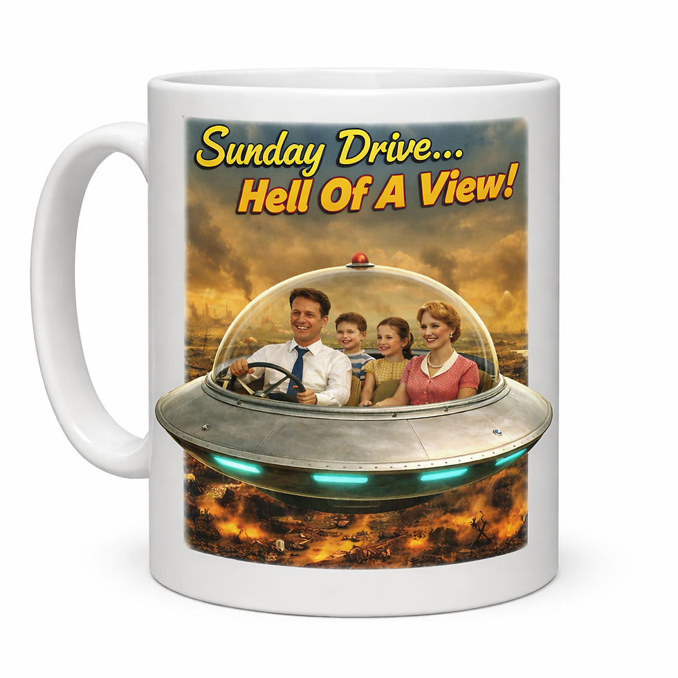 Thumbnail: Fallout Family Values Sunday Drive Hell Of A View Dark Humor Coffee Mug White Background