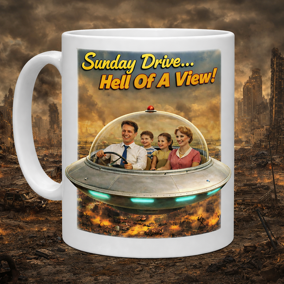 Thumbnail: Fallout Family Values Sunday Drive Hell Of A View Dark Humor Coffee Mug Apocalypse Background