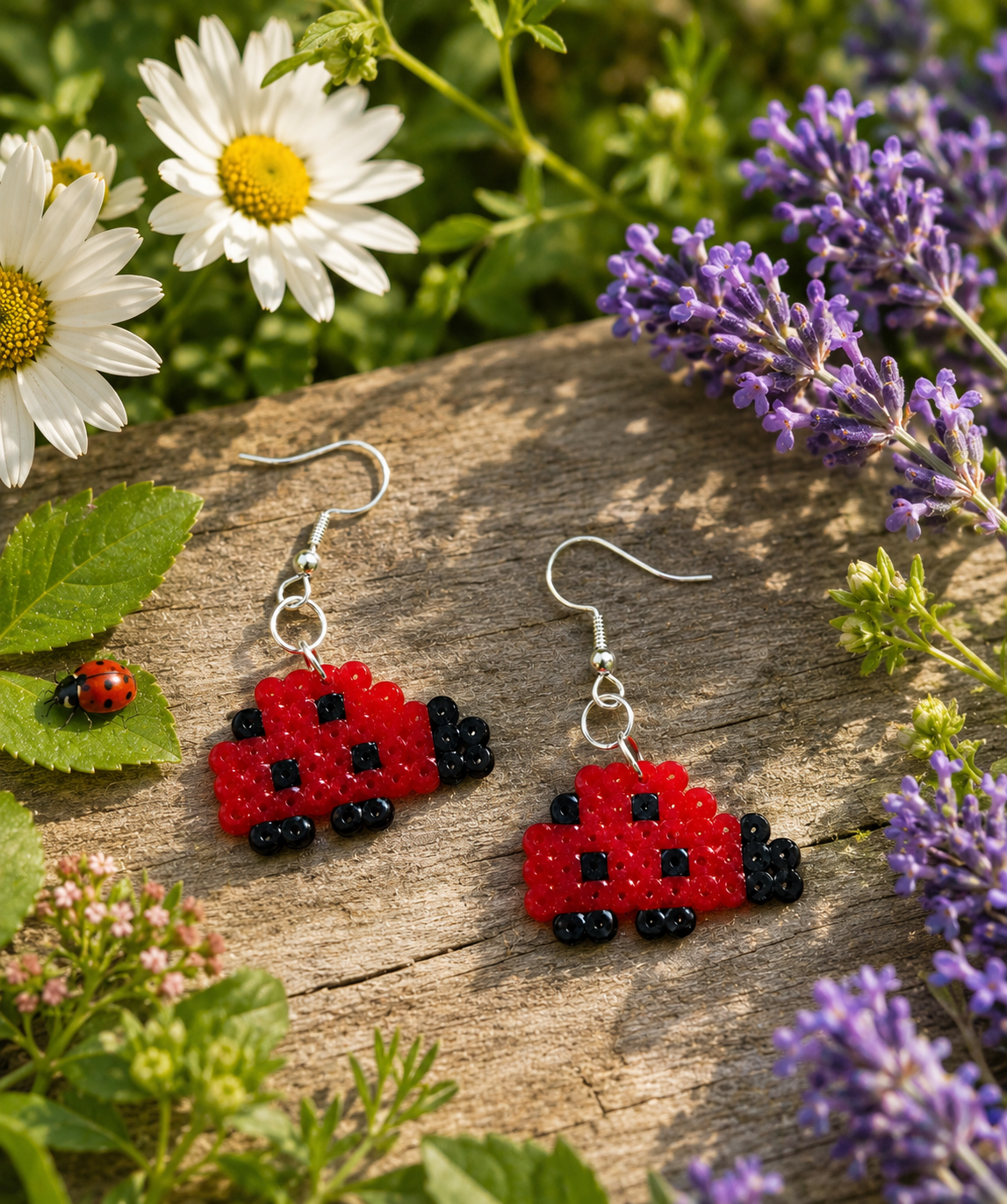 Handmade Mini Perler Melty Bead Ladybug Earrings