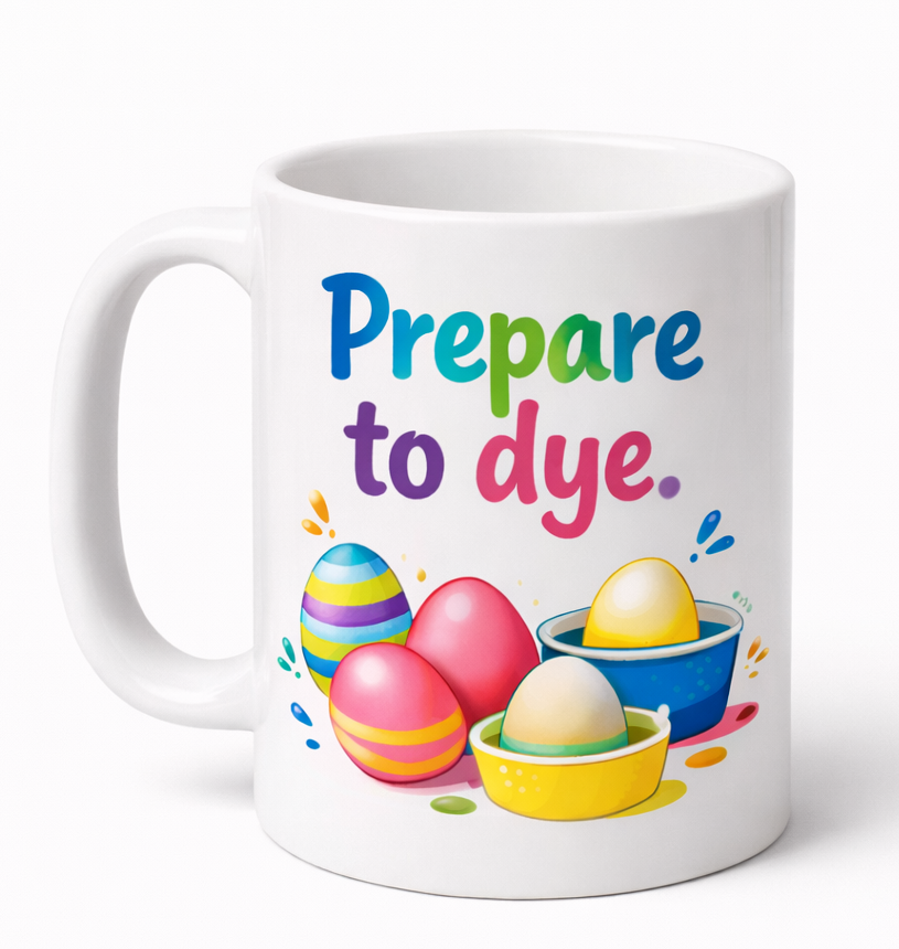 Thumbnail: Prepare To Dye Funny Easter Egg Dying Scene Coffee Mug White Background