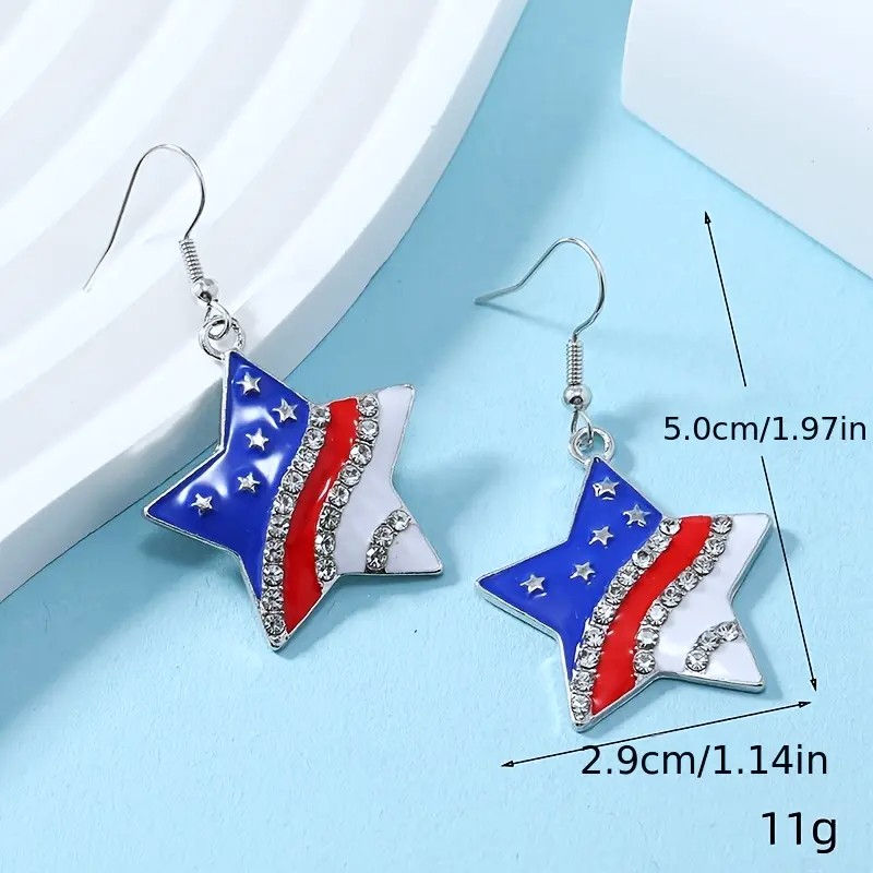 Rhinestone Star Patriotic American U.S. Flag Pierced Earrings With Measurements