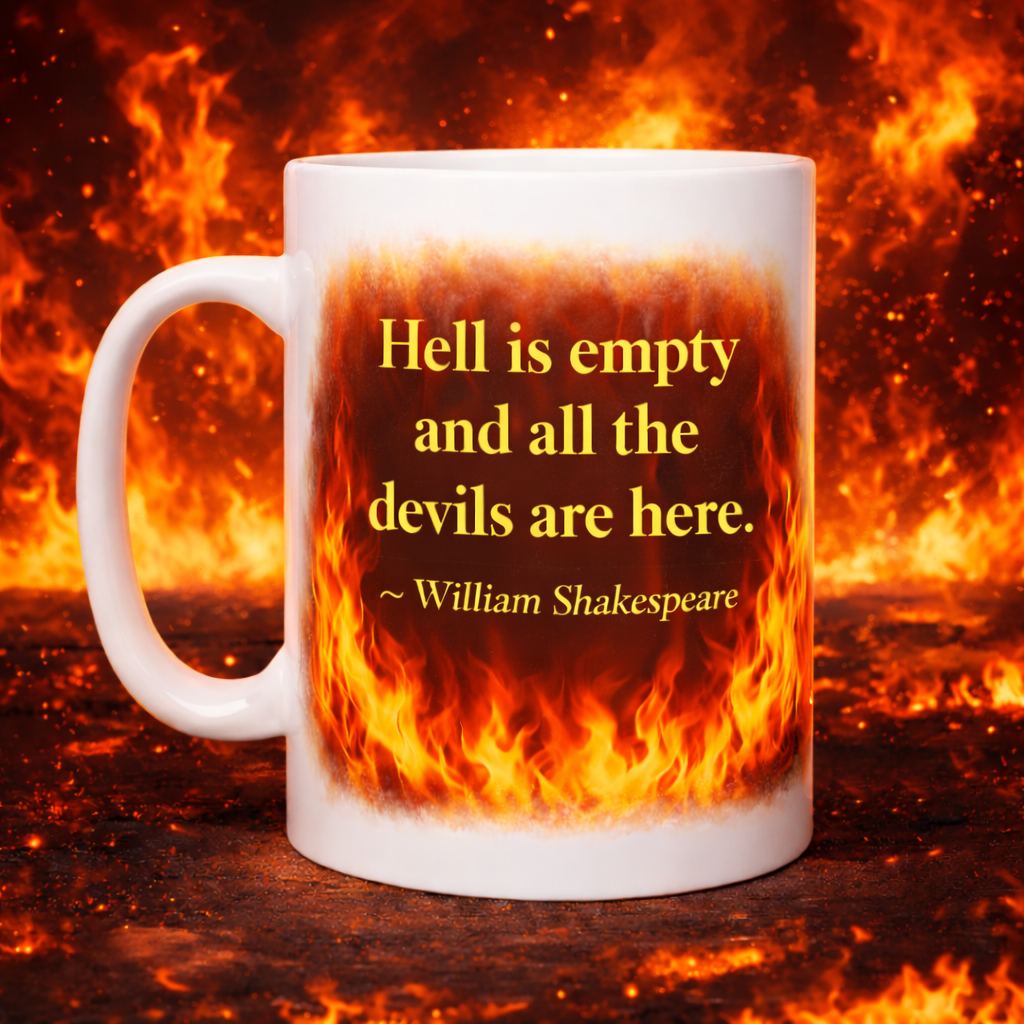 Hell Is Empty and All The Devils Are Here William Shakespeare Quote Coffee Mug on Fire Background