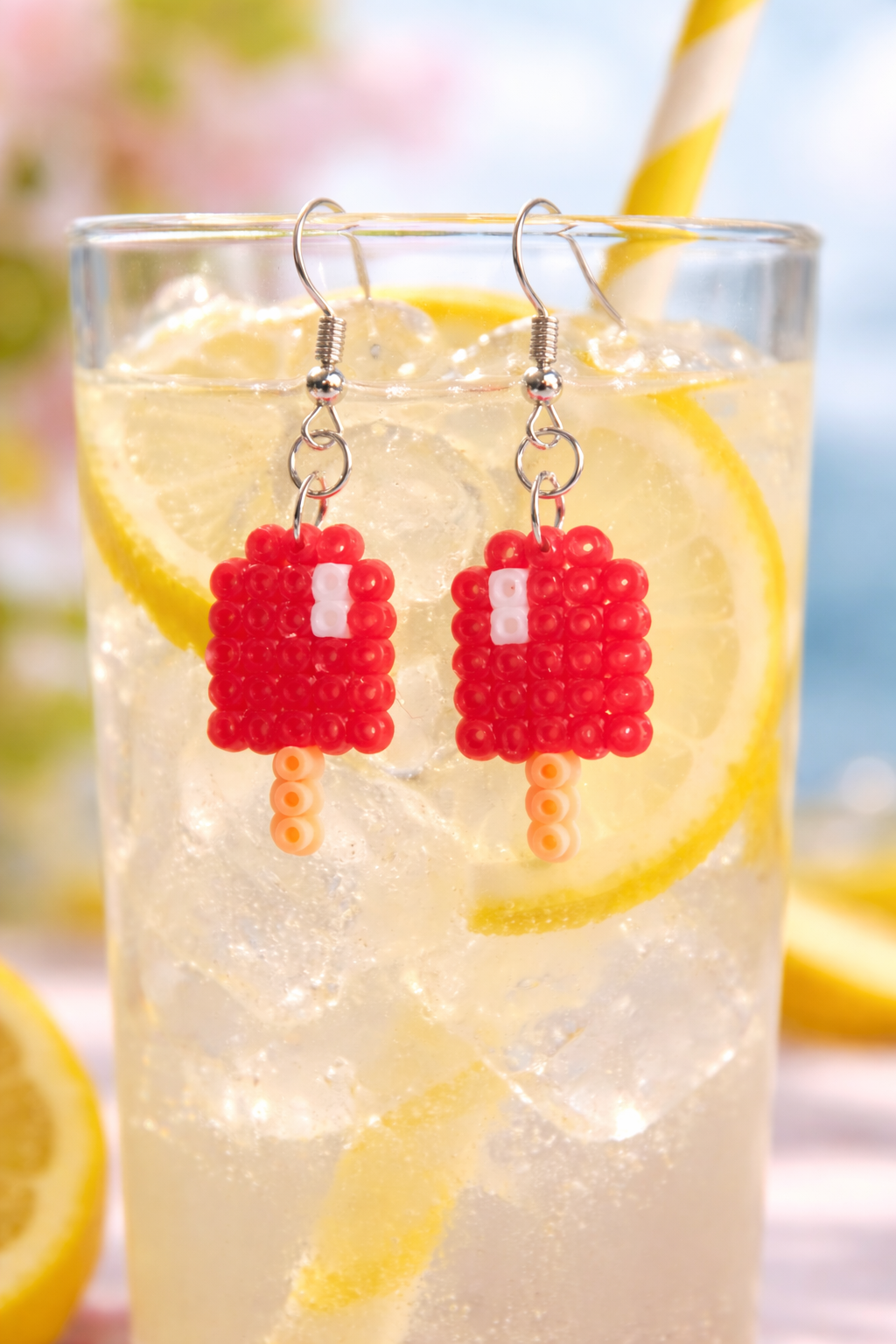 Handmade Mini Perler Red Cherry Popcicle Earrings Adorable 8 Bit Summer Joy!