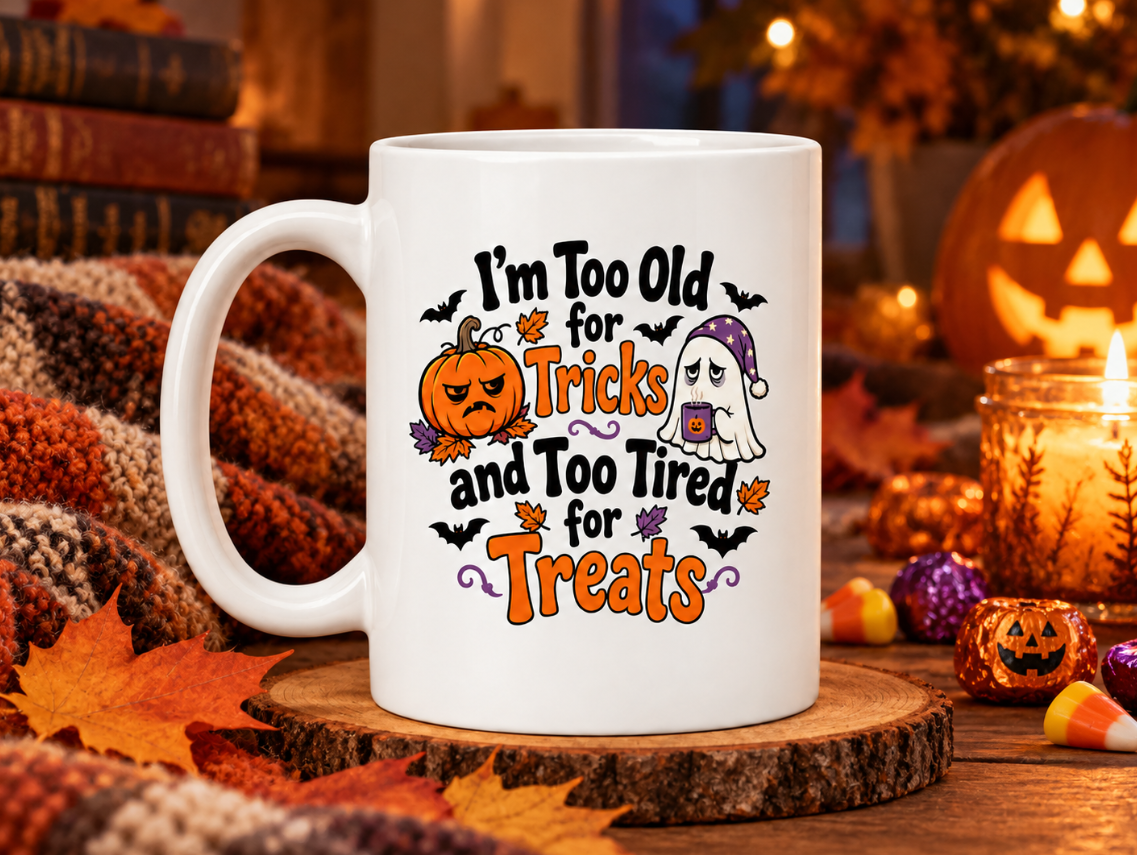 I’m Too Old for Tricks and Too Tired for Treats 15oz Halloween Coffee Mug