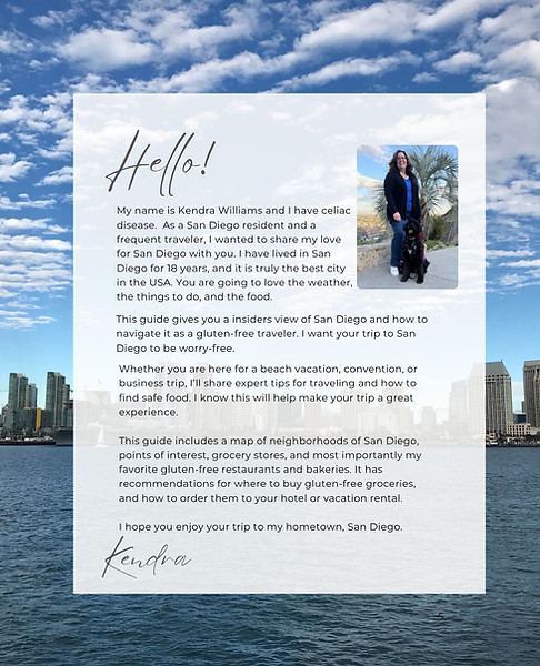 Welcome page from the Gluten-Free San Diego Travel Guide with a photo of author Kendra Williams and her service dog Suki, introducing her story with celiac disease and her San Diego travel guide.