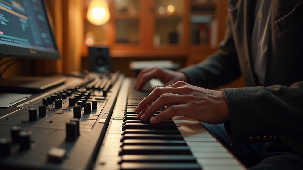 Vue d'ensemble d'un compositeur travaillant sur une bande sonore de film