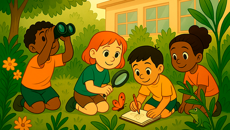 Crianças explorando a natureza no jardim da escola. Imagem criada com IA.