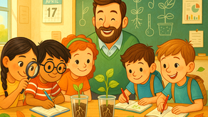Crianças observam e desenham o desenvolvimento de plantas de feijão. Imagem feita com IA.