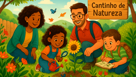 Crianças cuidando de seu "Cantinho de Natureza". Imagem feita com IA.