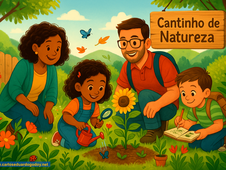 Crianças cuidando de seu "Cantinho de Natureza". Imagem feita com IA.