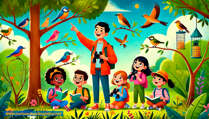 Crianças observando aves. Imagem feita com IA.