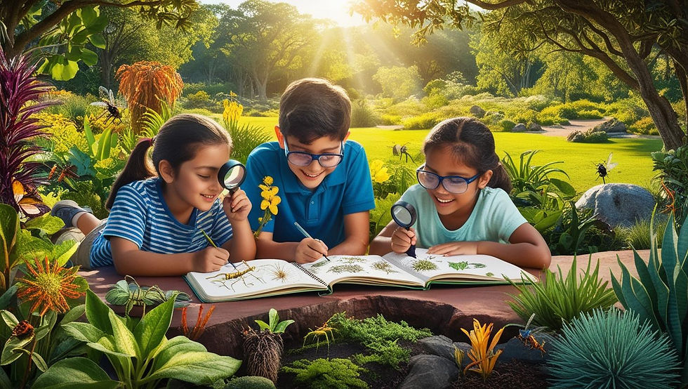 Crianças observando um livro sobre bichos de jardim enquanto exploram o ambiente.