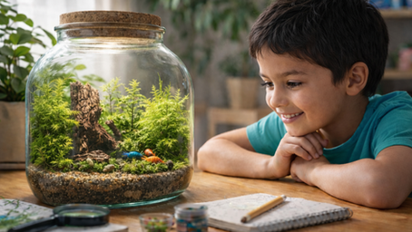 Criança observando os seres vivos do aquário. Imagem criada com IA.