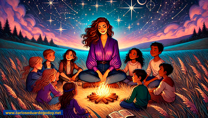 Mulher e grupo de crianças conversam ao redor de uma fogueira, sob o céu estrelado. Imagem feita com IA.