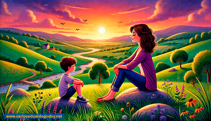 Mãe e filho contemplam o pôr do sol em um vale repleto de natureza. Imagem feita com IA.