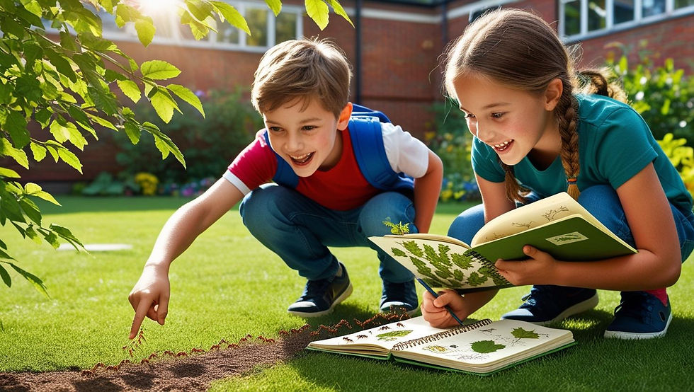 Crianças felizes com livros que as ajudam a compreender a natureza ao seu redor. Imagem feita com IA.