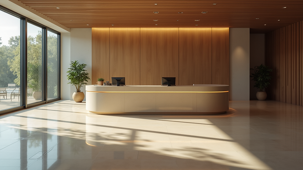 High angle view of a bank lobby with a notary service desk
