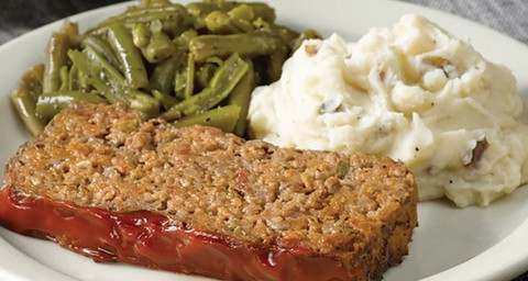 Meatloaf dinner with mashed potatoes and green beans