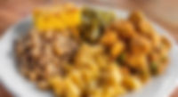 Southern-style plate: black-eyed peas, mac and cheese, cornbread, green beans, and fried okra