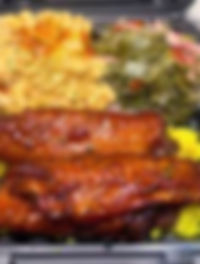 Delicious BBQ ribs, mac & cheese, greens
