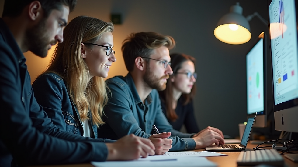 Eye-level view of a multimedia production team collaborating on a project