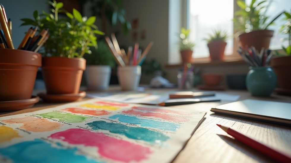 Eye-level view of a creative workspace with colorful art supplies
