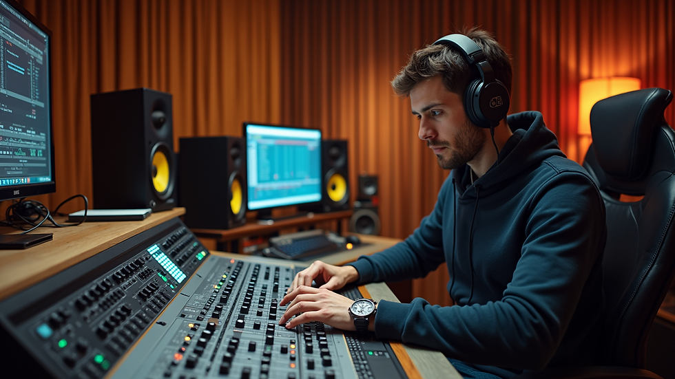 Eye-level view of a music producer working in a studio