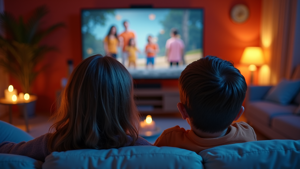 Eye-level view of a family enjoying a movie night at home
