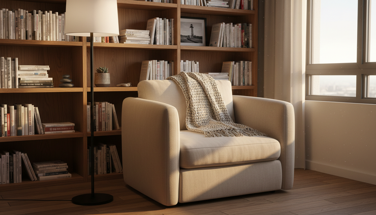 Eye-level view of a reading corner with an armchair, floor lamp and built-in shelves.