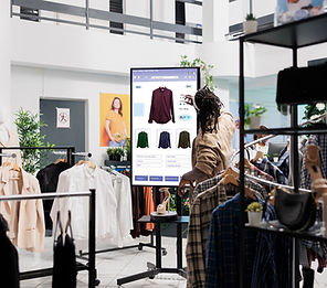 african-american-man-looks-clothes-online-touch-screen-monitor-fashion-boutique-mall-self-