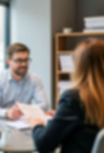 Mann und Frau besprechen Dokumente im Beratungsgespräch