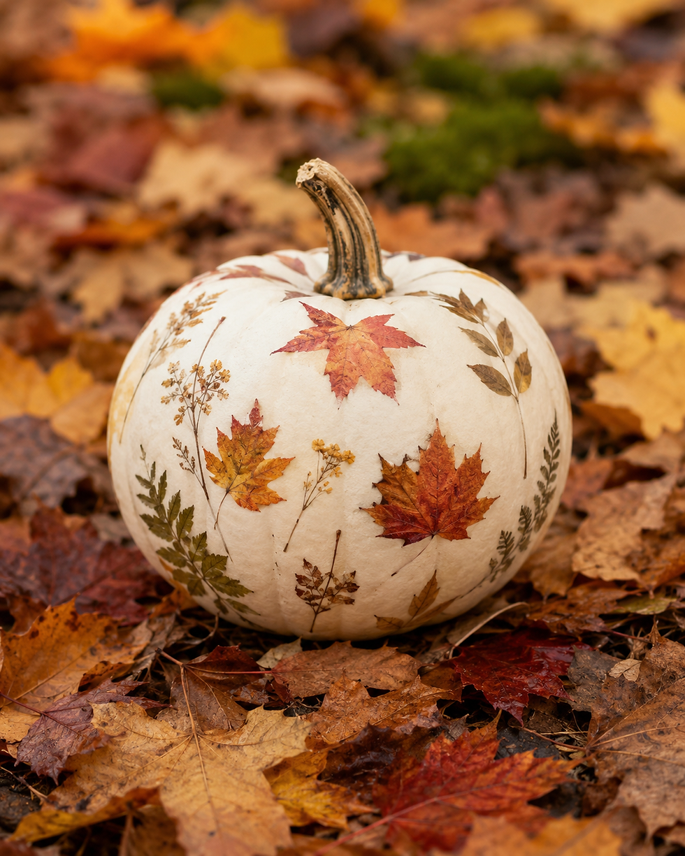 Citrouille blanche décorée de feuilles d’automne, posée sur un tapis de feuilles mortes aux tons orange et brun.