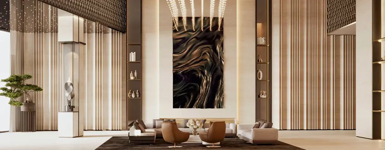 Grand lobby at One by Binghatti featuring high ceilings, contemporary design, and luxurious finishes, creating a sophisticated entrance.