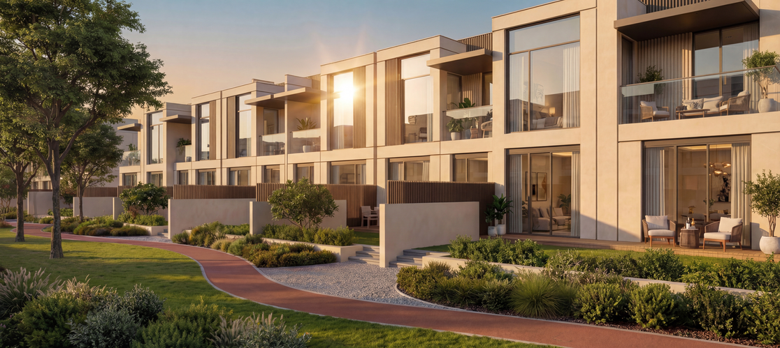 Modern townhouse exterior at Sobha Sanctuary Dubailand with landscaped front garden, private entrance, and contemporary architectural design.