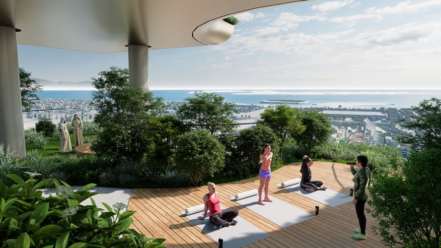 Residents practicing yoga on elevated SkyPark terrace at Sobha SkyParks Dubai with landscaped greenery and panoramic city views.
