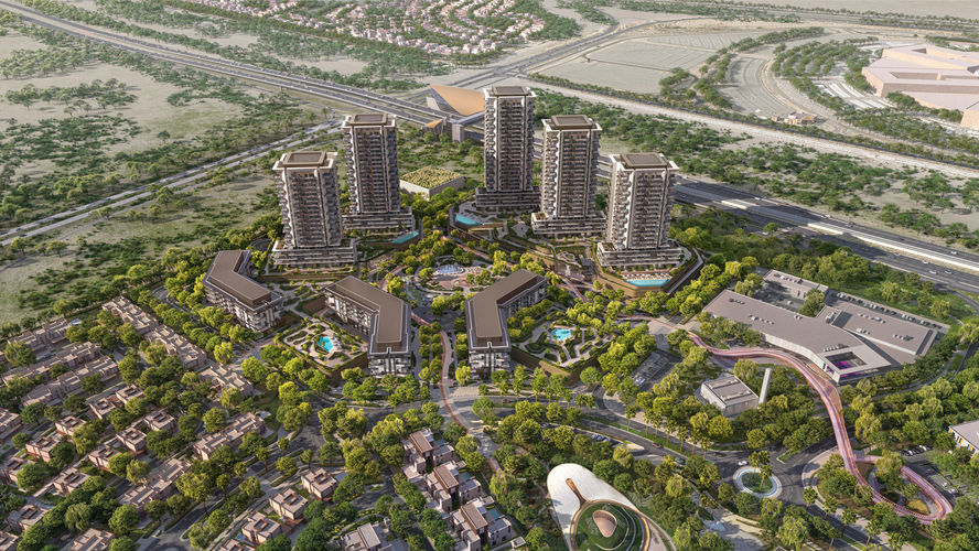 Aerial view focusing on Rise by Athlon tower within the Athlon master community in Dubailand surrounded by greenery and amenities.