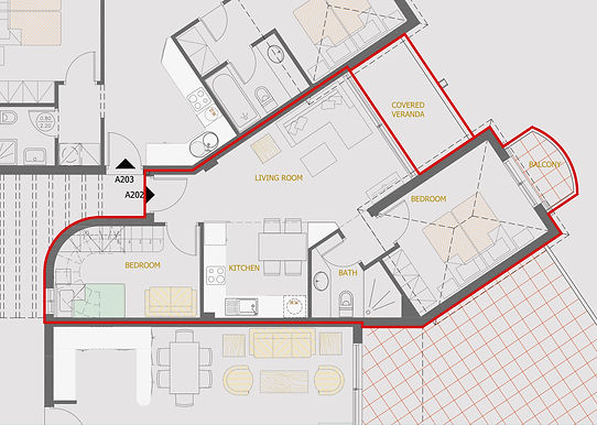 Floor plan of a one-bedroom apartment in the Aphrodite Community, Crete, Greece, featuring a modern layout and coastal living