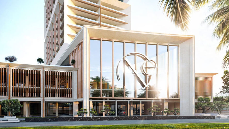 Exterior drive-up entrance at One by Binghatti with modern architecture, elegant landscaping, and a grand arrival experience.