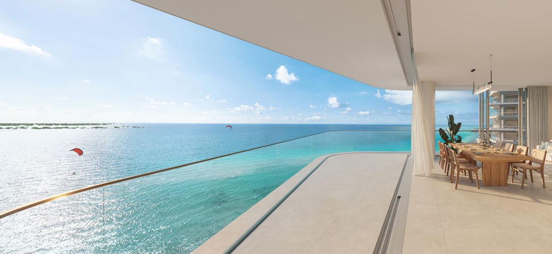 Private balcony at Fahid Beach Residences Fahid Island Abu Dhabi overlooking panoramic Arabian Gulf sea views.