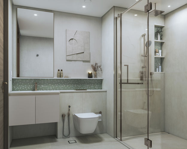 Modern luxury bathroom in Sobha SkyParks apartment with premium fixtures, sleek vanity, and contemporary design.