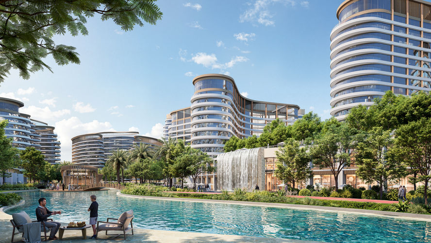 Crystal lagoon at Sobha Sanctuary Dubailand with turquoise water, landscaped shoreline, and waterfront residential surroundings.