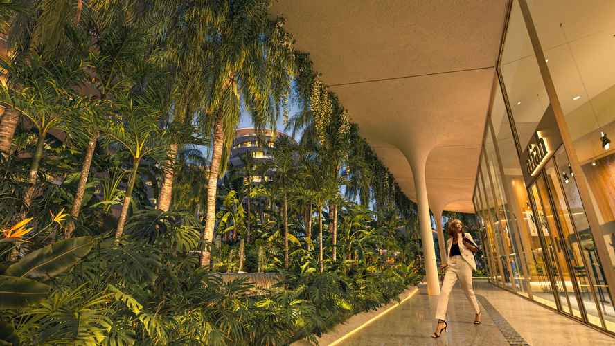 Landscaped outdoor walkway at The Row Saadiyat Abu Dhabi featuring pedestrian paths and green community surroundings.