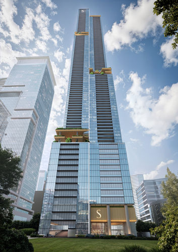 Exterior view of Sobha SkyParks residential tower on Sheikh Zayed Road Dubai featuring modern skyscraper architecture and city skyline backdrop.