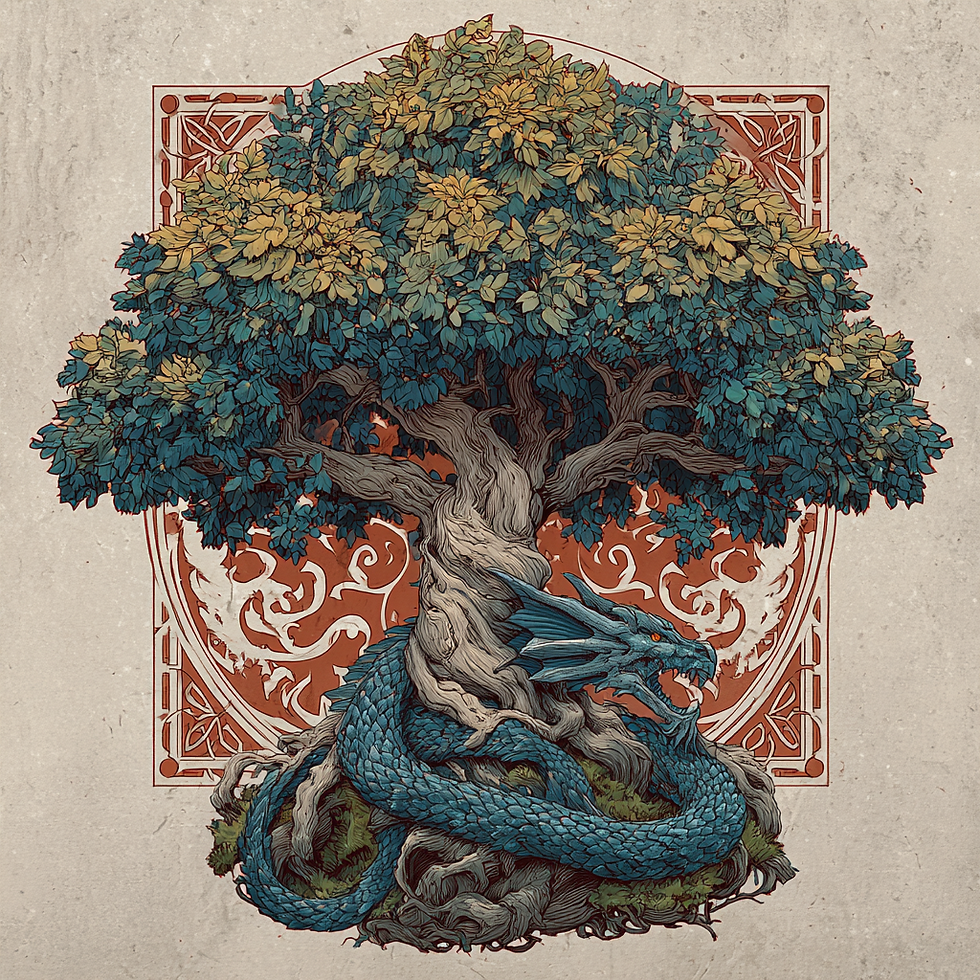 Nidhögg au pied d'Yggdrasil (Midjourney)