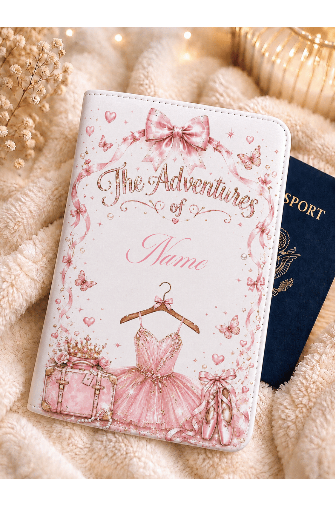 Personalised passport cover with a pink ballet design.