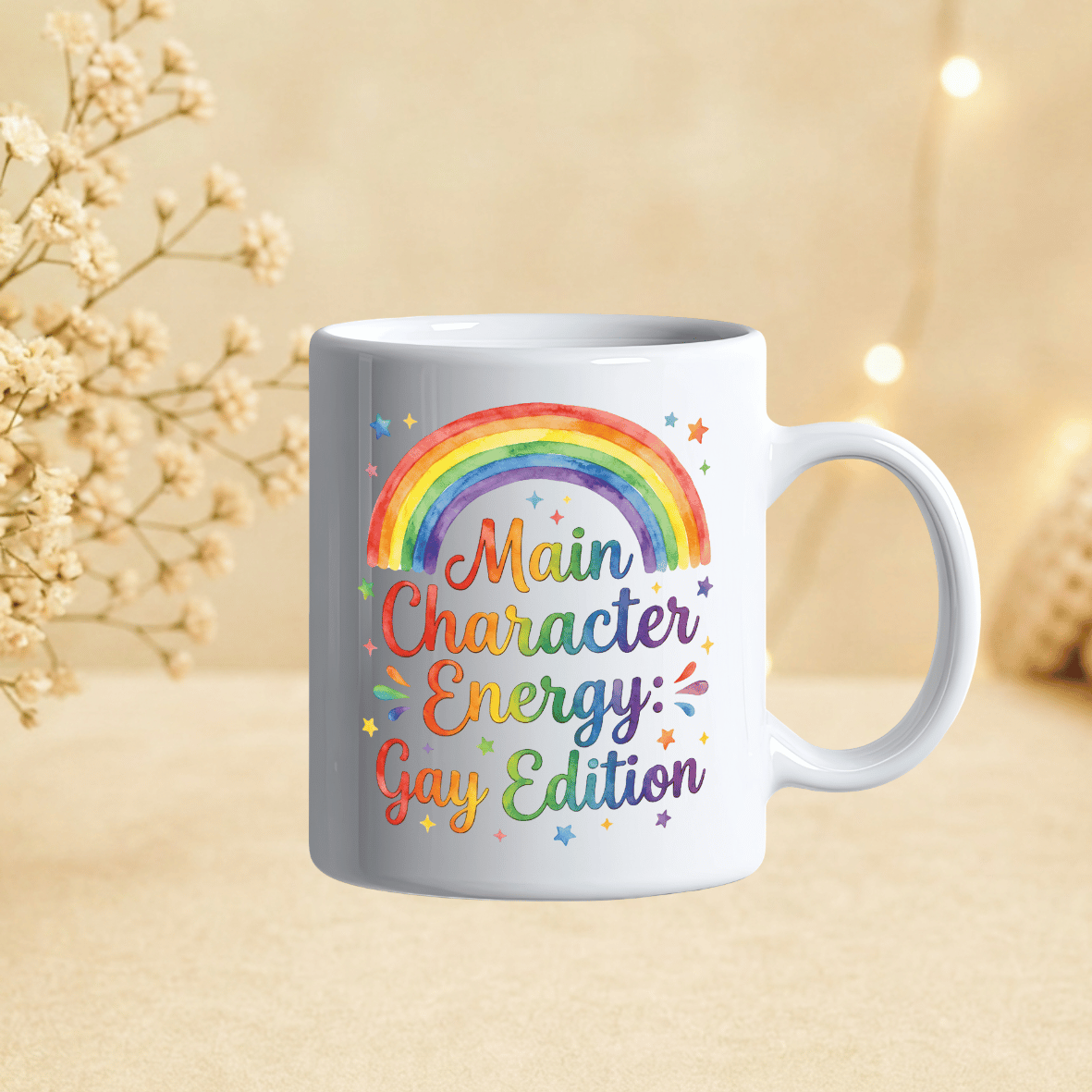 Pride 11oz mug colourful lgbt gift personalised with Main Character Energy text