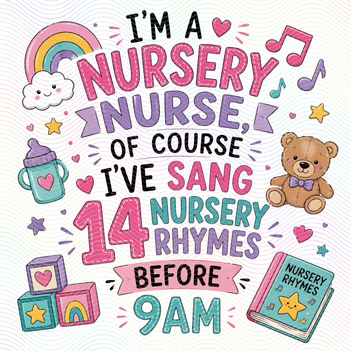 Personalised nursery nurse mug design with nursery rhymes quote.