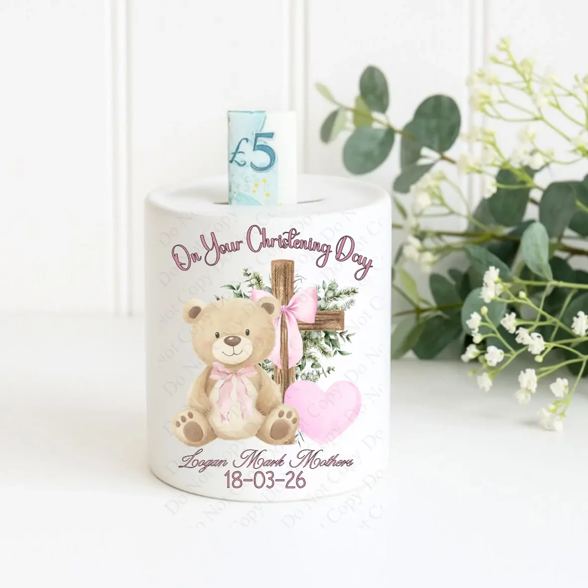 Personalised christening money box 11oz with teddy bear design